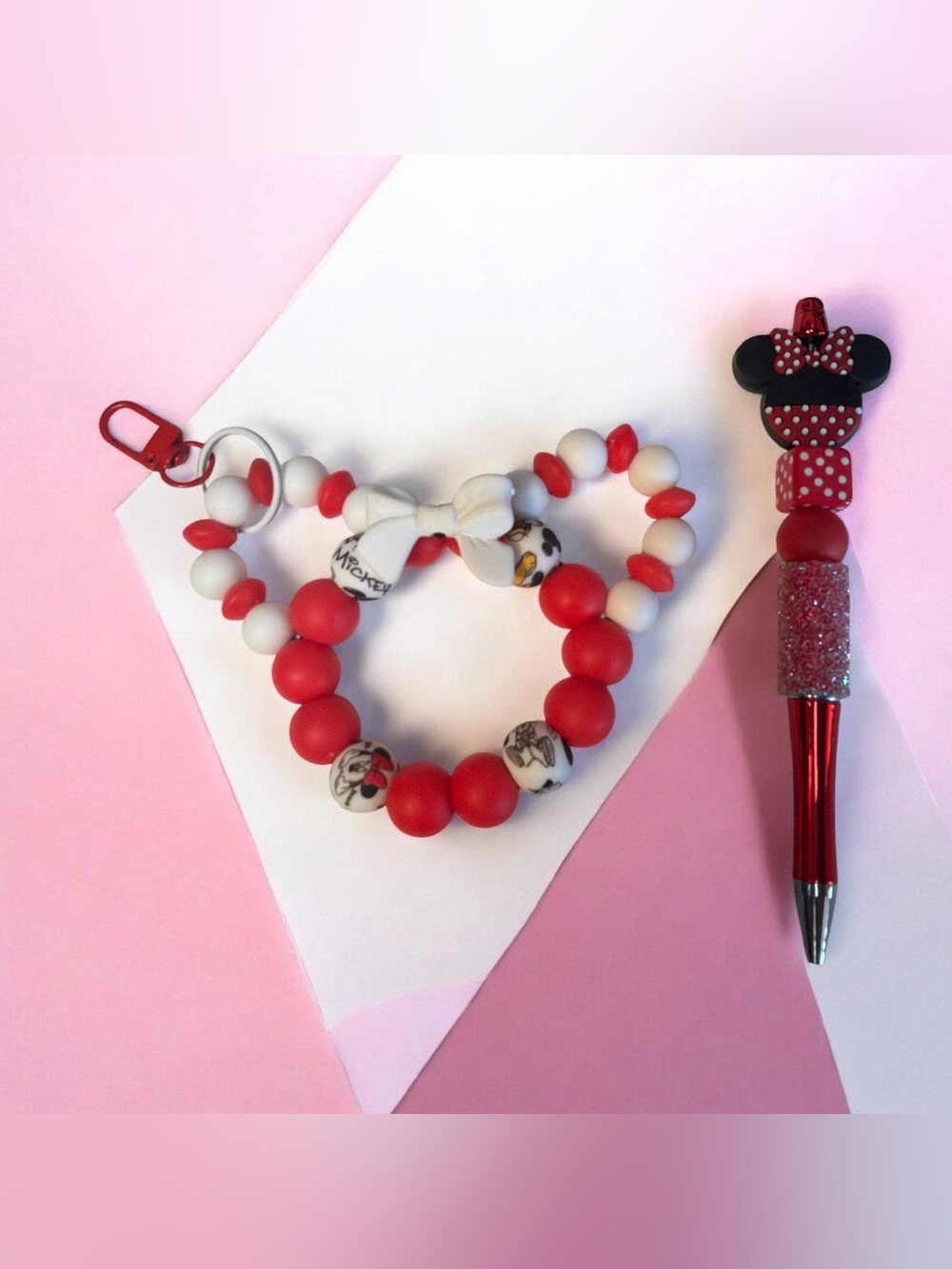 Hand Crafted Red & White Mouse Ear Beaded Keychain & Pen Set